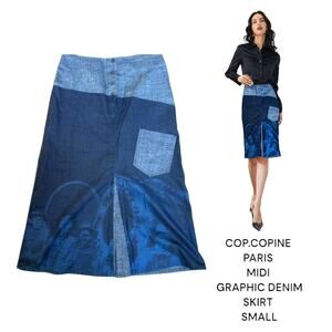 Y2K COP. COPINE PARIS GRAPHIC DENIM MID SKIRT  SIZE SMALL.